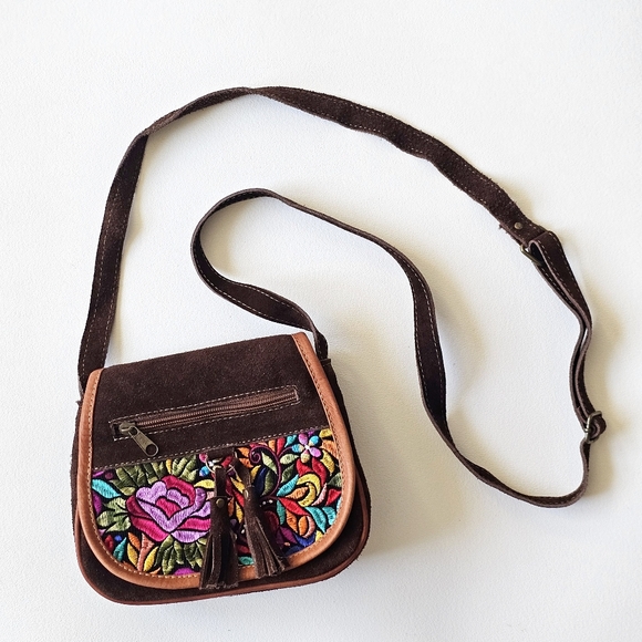 Handbags - Boho Suede Embroidered Crossbody Purse | Floral Tassel Small Bag